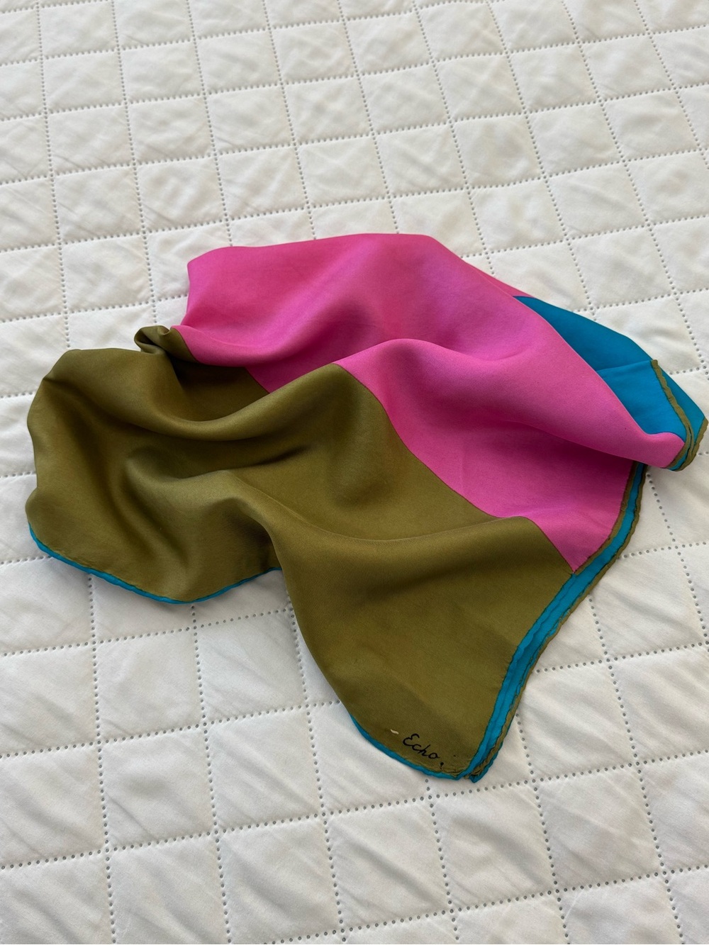 Vintage Echo Colorblock Square Scarf 27” Pink Blue Olive Mod Geometric
